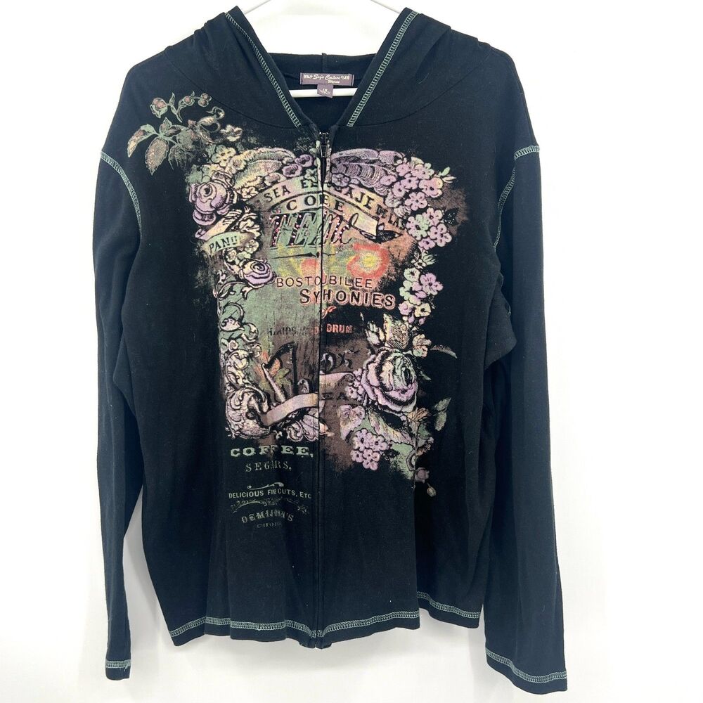 Suzie Couture Y2K Woman 1X Black Floral Graphic Zip Up Hoodie Vintage Coffee Pri